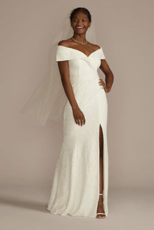 Cuffed Off-the-Shoulder Lace Sheath Gown with Slit | David's Bridal