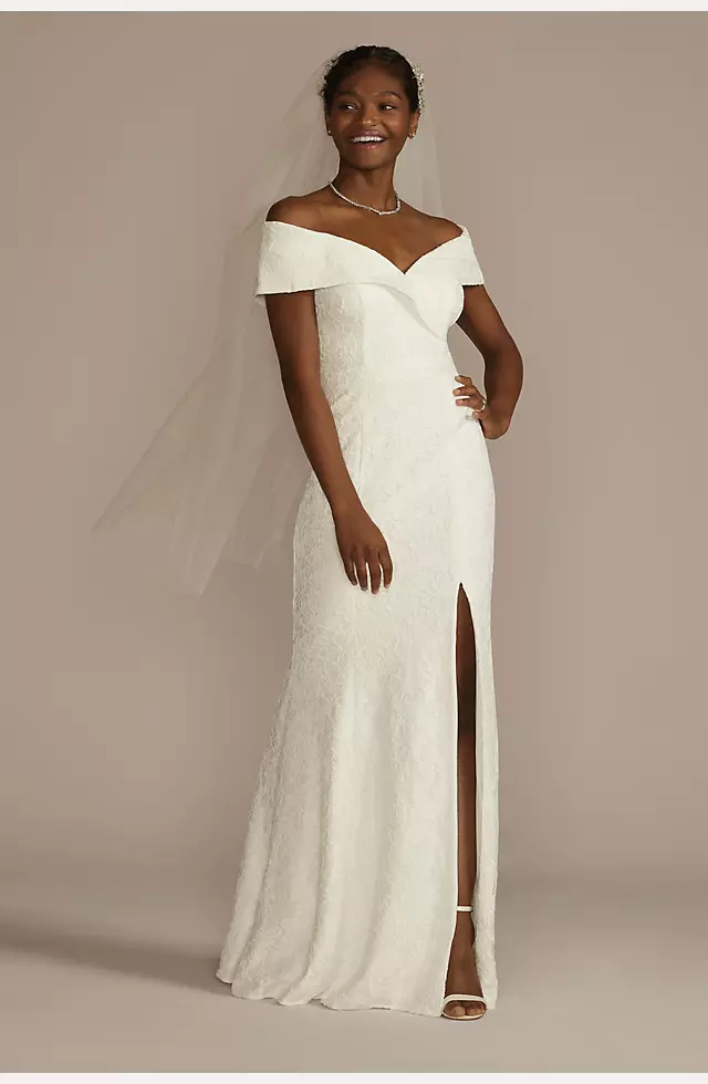 Cuffed Off-the-Shoulder Lace Sheath Gown with Slit