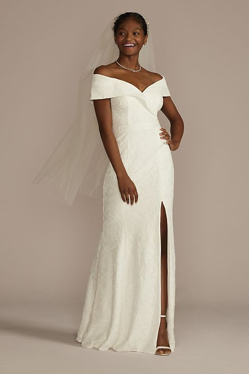 Cuffed Off-the-Shoulder Lace Sheath Gown Image