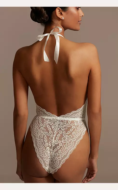 Sheer Lace Low Back Bodysuit with Ribbon Necktie