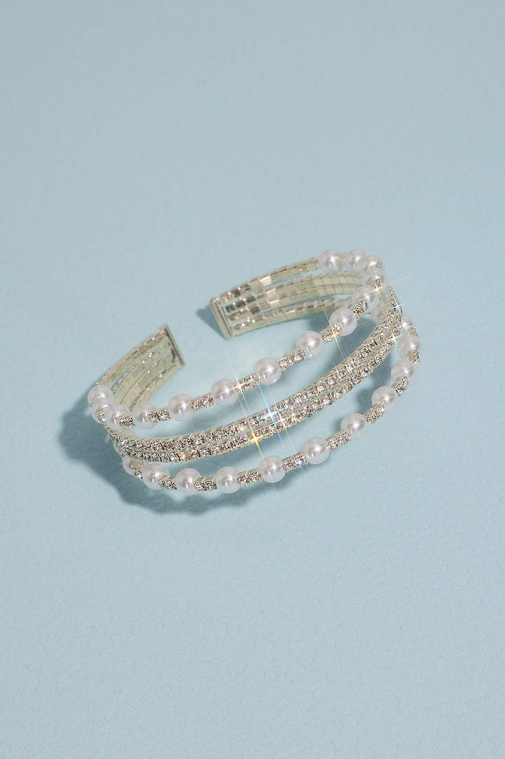 Beautiful Bridal SILVER Pearl And Crystal Wraparound Bracelet Bangle Cuff Prom 