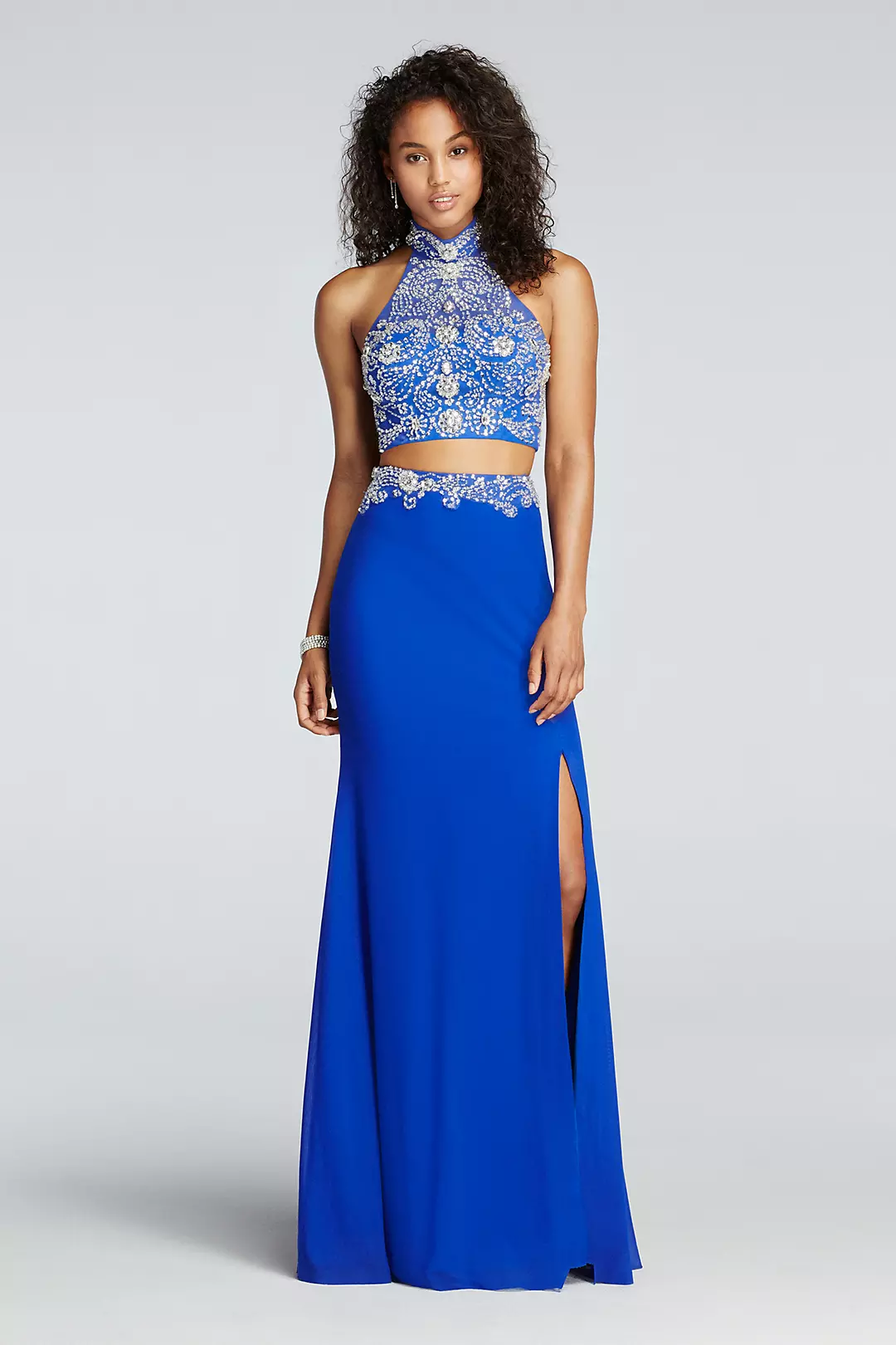 Two Piece Crystal Halter Prom Crop Top with Skirt Image