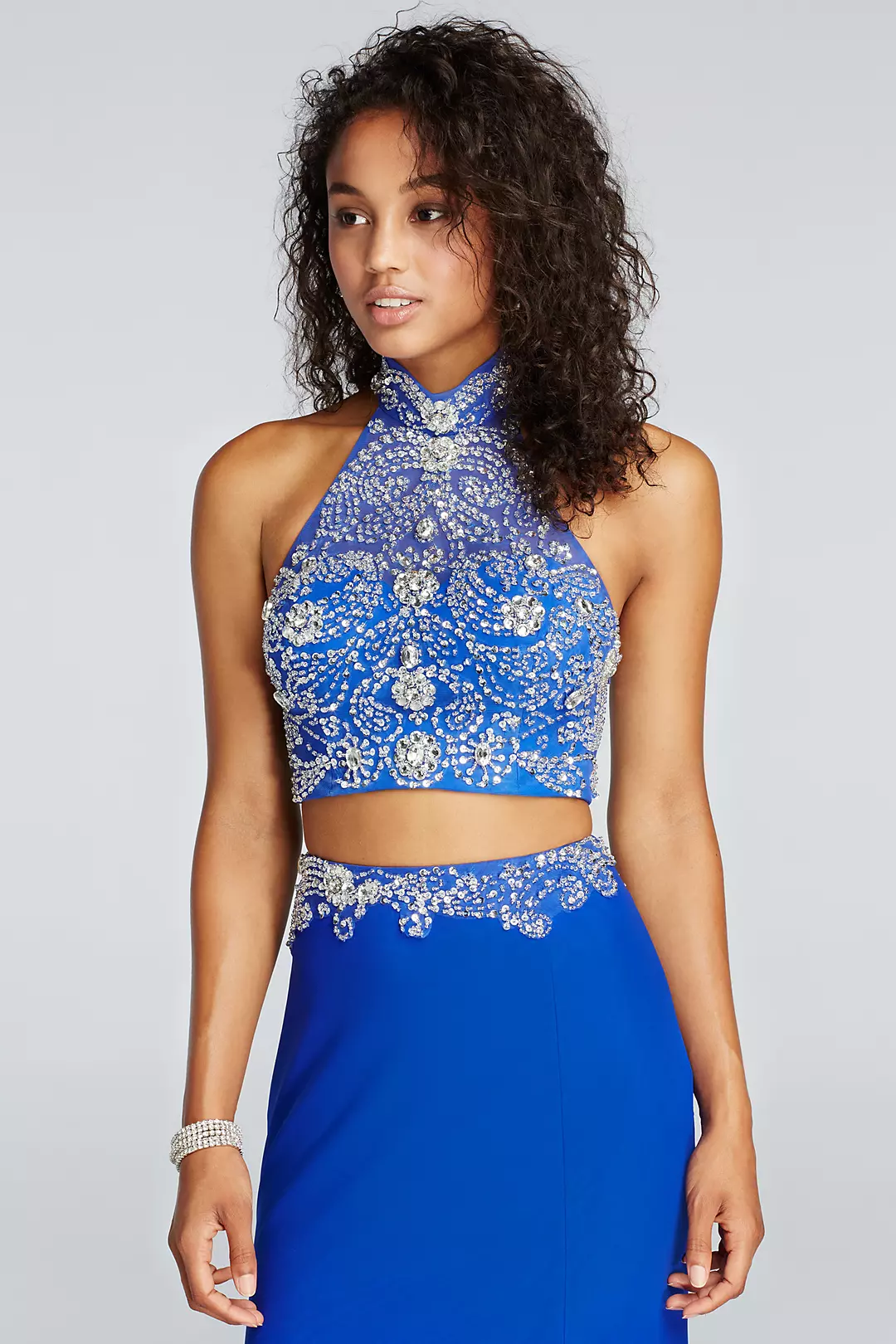 Two Piece Crystal Halter Prom Crop Top with Skirt Image 3