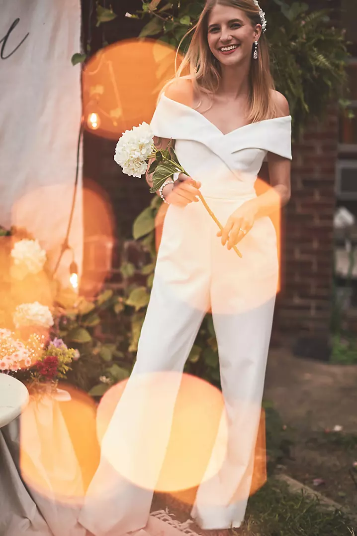 Cuffed Off-the-Shoulder Stretch Crepe Jumpsuit | David's Bridal Cuffed Off-the-Shoulder Stretch Crepe Jumpsuit | David's Bridal
