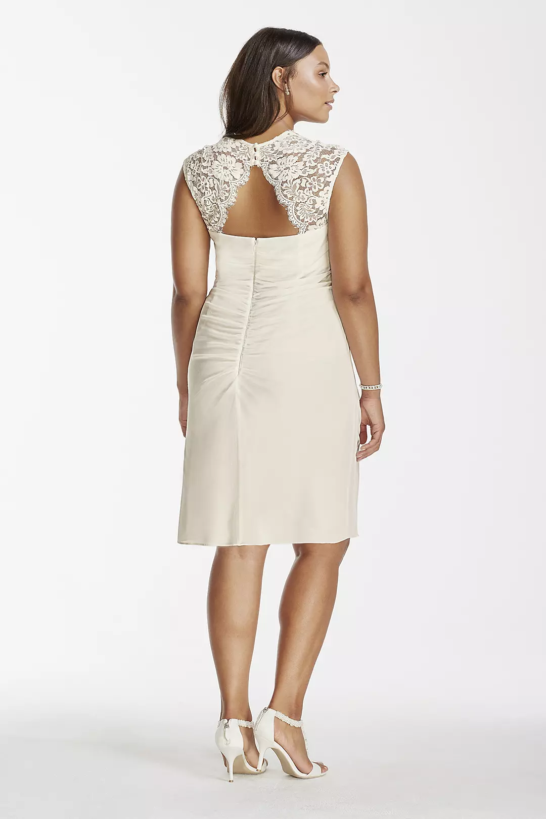 Short Mesh Wedding Dress with Lace Cap Sleeves Image 2