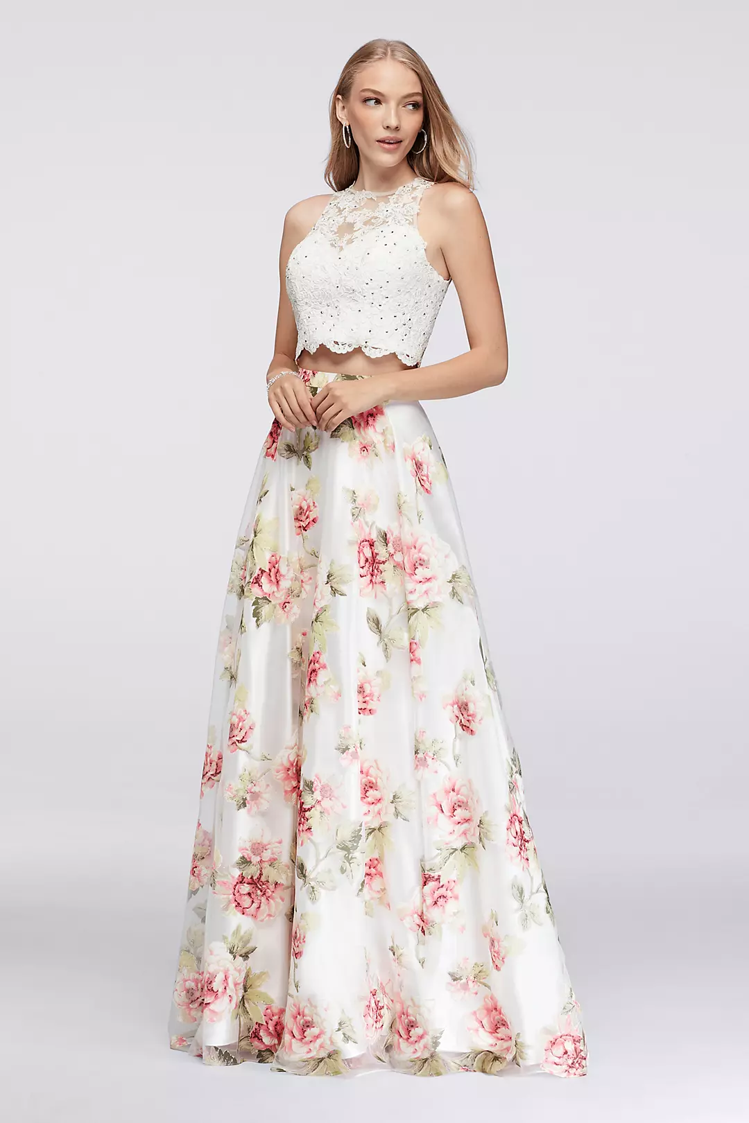 Scalloped Lace Top and Printed Organza Skirt Set Image