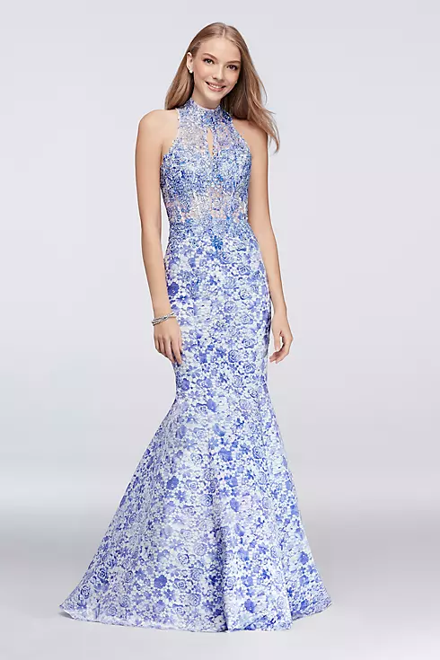 Lace-Print Mermaid Dress with Beaded Appliques Image 1