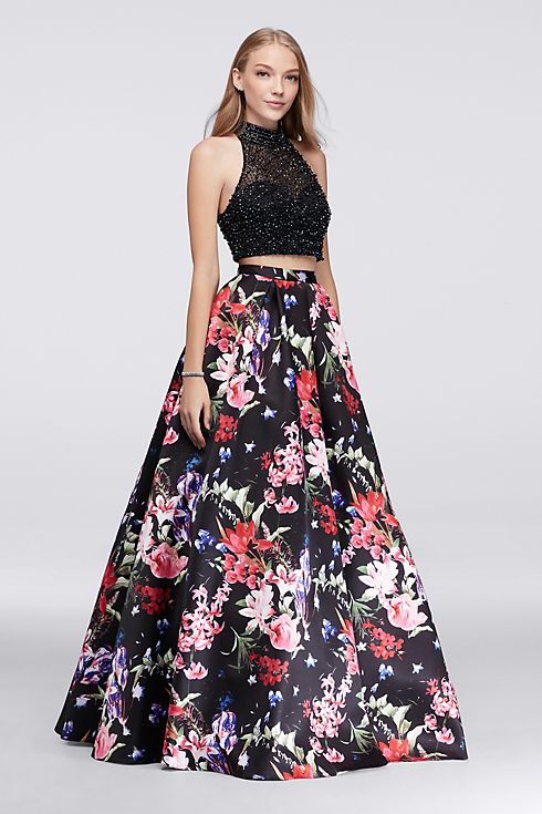 Beaded Top and Printed Ball Gown Skirt Set Image