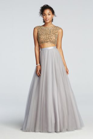 Two Piece Beaded Prom Crop Top with Tulle Skirt | David's Bridal