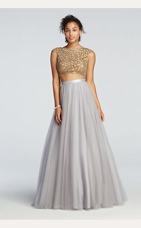 Two Piece Beaded Prom Crop Top with Tulle Skirt