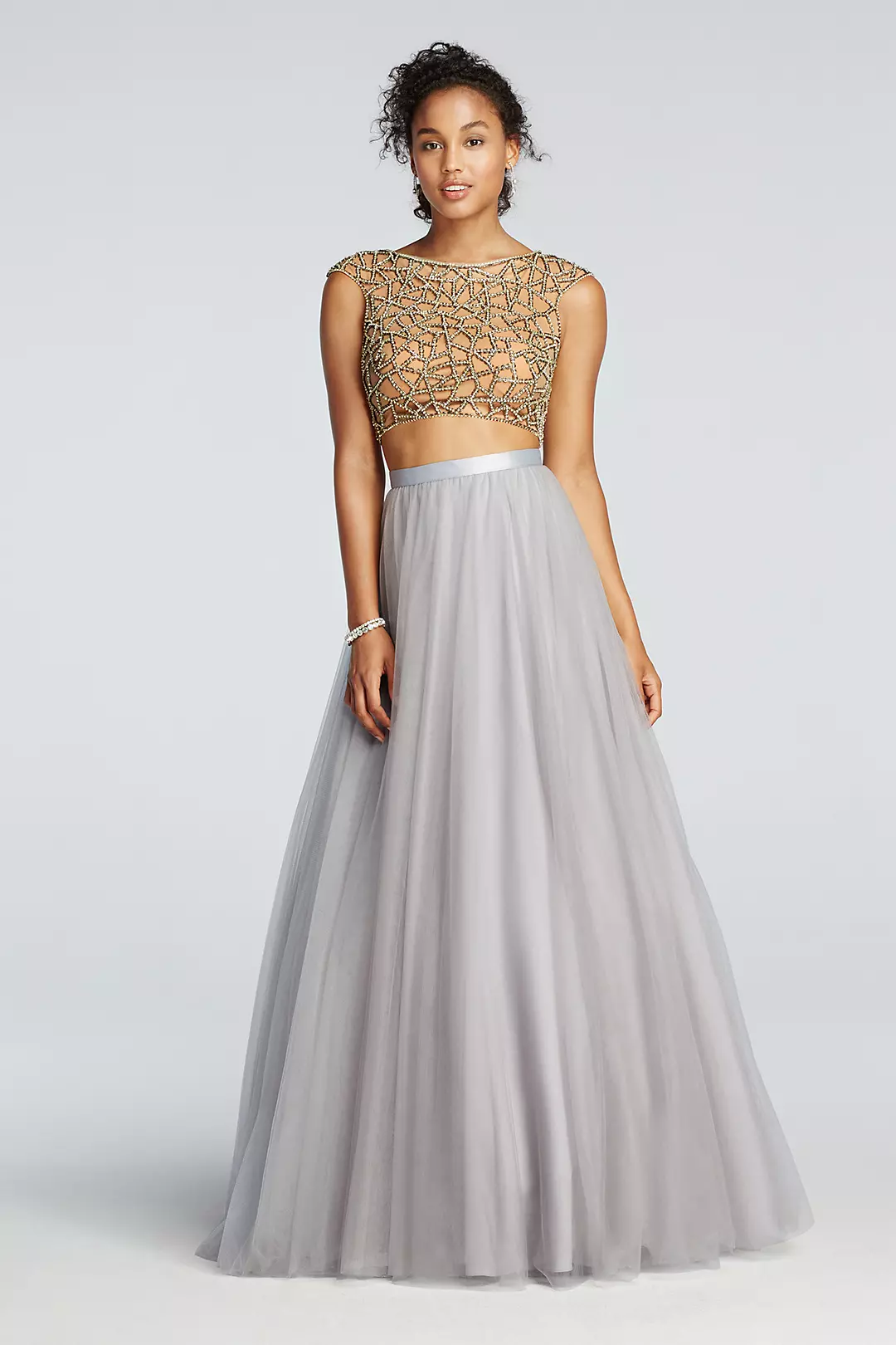 Two Piece Beaded Prom Crop Top with Tulle Skirt Image