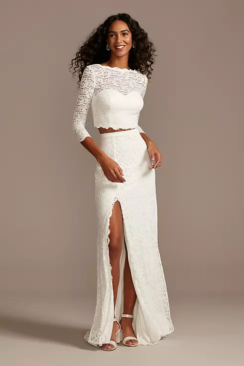 Scalloped Lace 3/4 Sleeve Wedding Separates Top Image 3