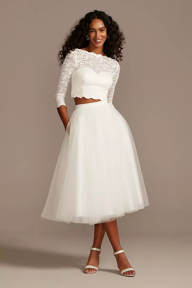 Scalloped Lace 3/4 Sleeve Wedding Separates Top Image 4