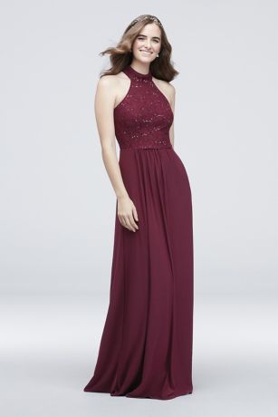 Lace and Sequin Mockneck Jersey A-Line Dress