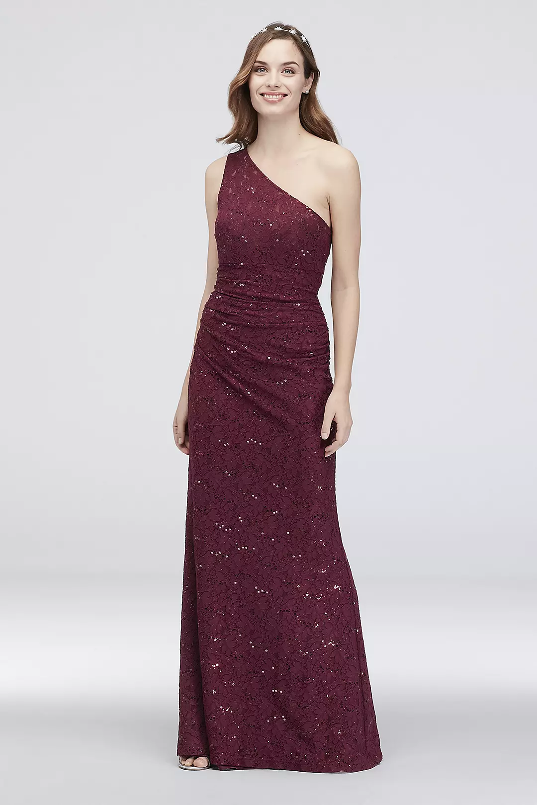 One-Shoulder Ruched Sequin Lace Mermaid Dress Image