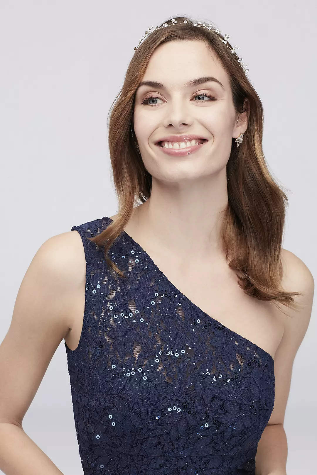 One-Shoulder Ruched Sequin Lace Mermaid Dress Image 3