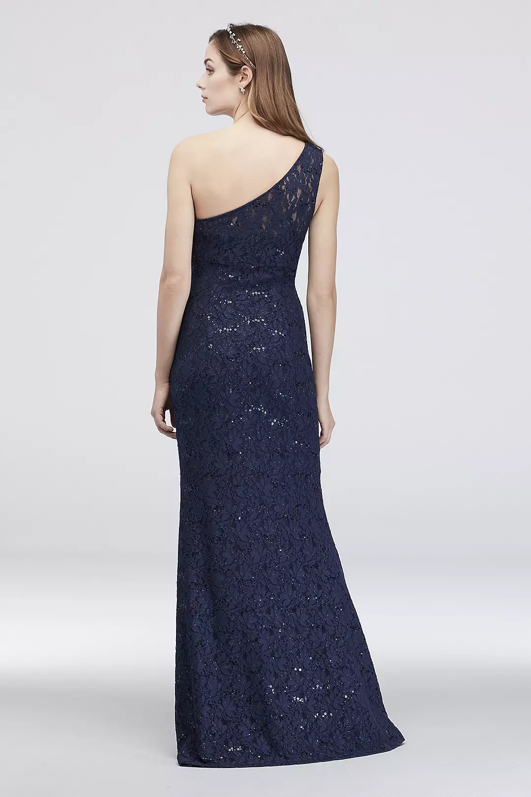 One-Shoulder Ruched Sequin Lace Mermaid Dress Image 2