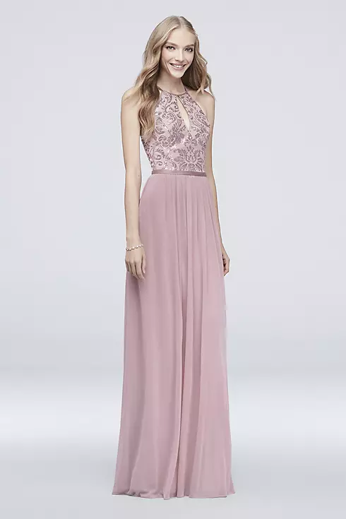 High-Neck Sequin and Mesh Gown with Keyhole Image 1