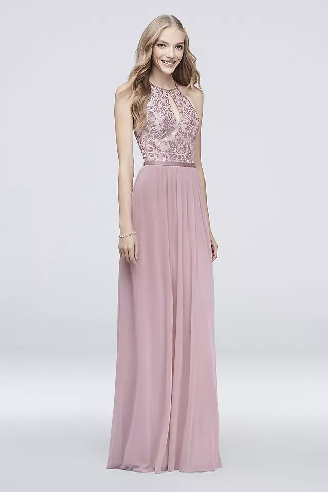 High-Neck Sequin and Mesh Gown with Keyhole Image
