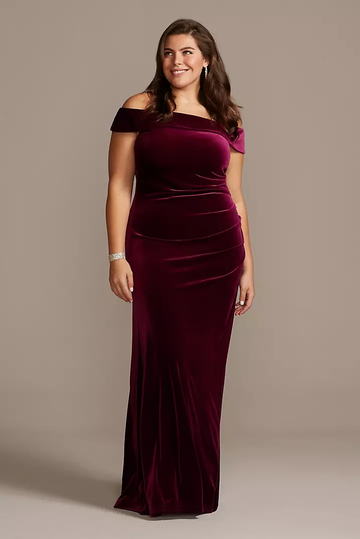 Velvet Off-the-Shoulder Dress | David's Bridal Velvet Off-the-Shoulder Dress | David's Bridal