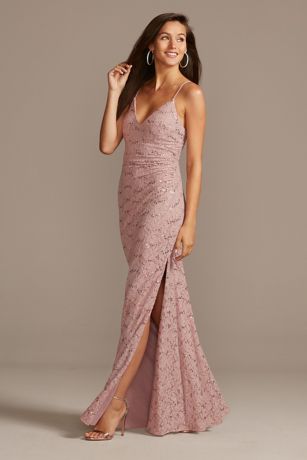 Skinny Strap Sequin Lace Stretch Dress with Slit