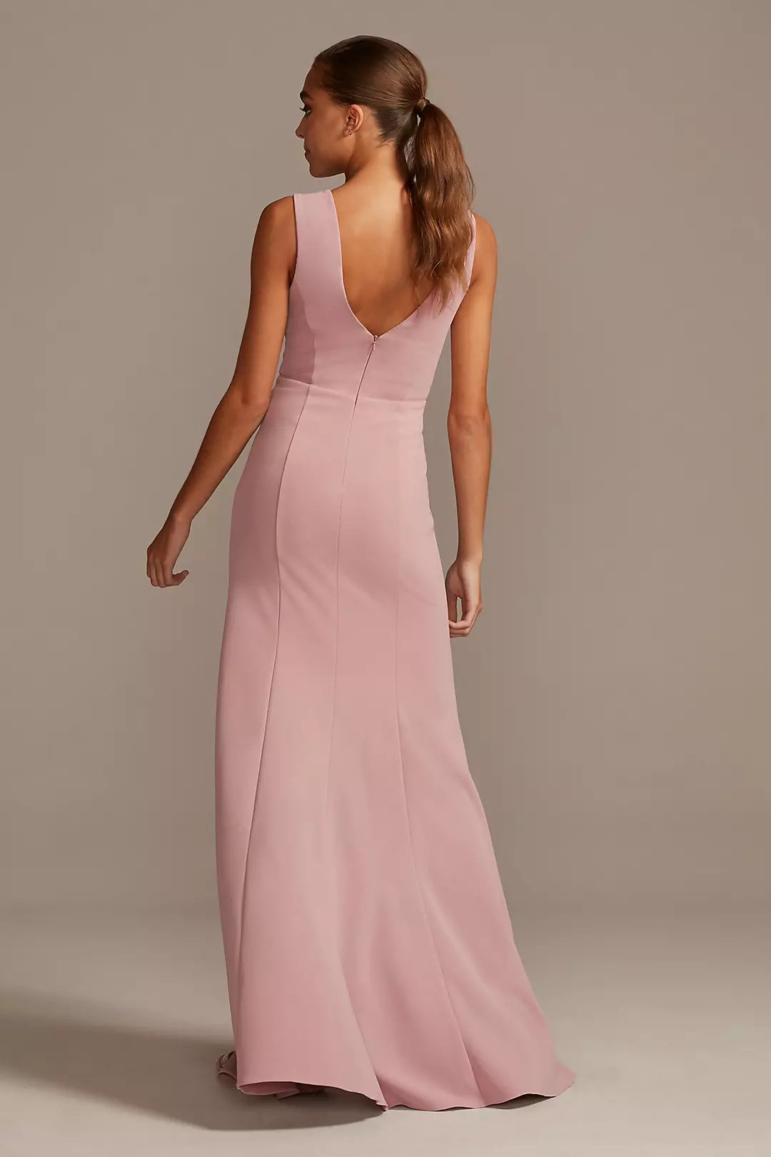 Illusion Deep-V Center Slit Stretch Crepe Dress | David's Bridal Illusion Deep-V Center Slit Stretch Crepe Dress | David's Bridal