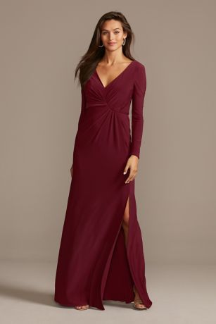 Long Sleeve Jersey V-Neck Dress with Slit | David\'s Bridal