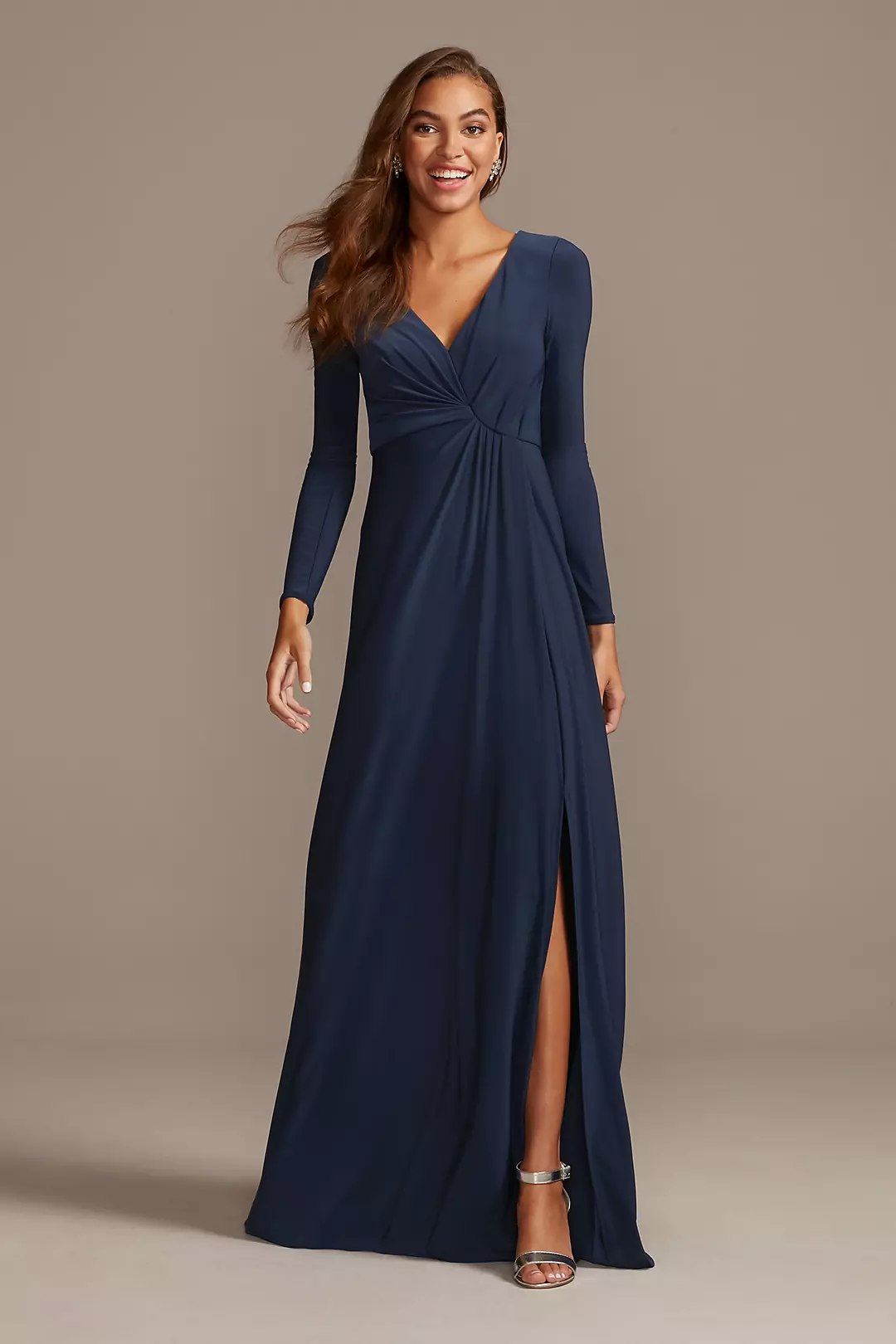 Long Sleeve Jersey V-Neck Dress with Slit Image