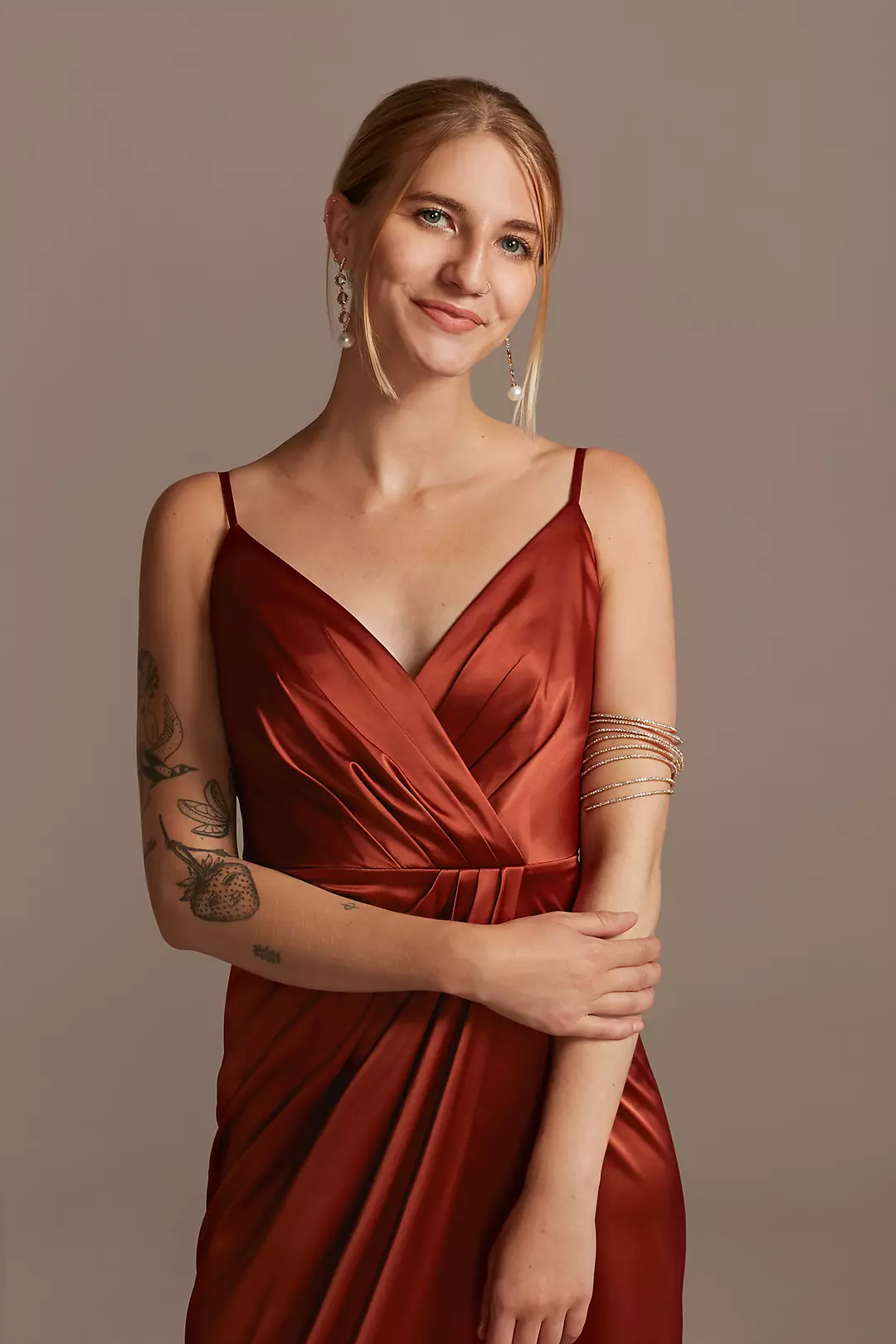 Pleated Bodice Spaghetti Strap Satin Tulip Dress | David's Pleated Bodice Spaghetti Strap Satin Tulip Dress | David's
