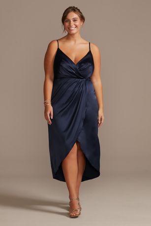 Cross Pleated Bodice Spaghetti Straps Satin Dresses Dark Navy