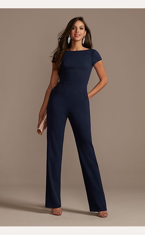 Short Sleeve Stretch Crepe Jumpsuit with Open Back | David's Bridal