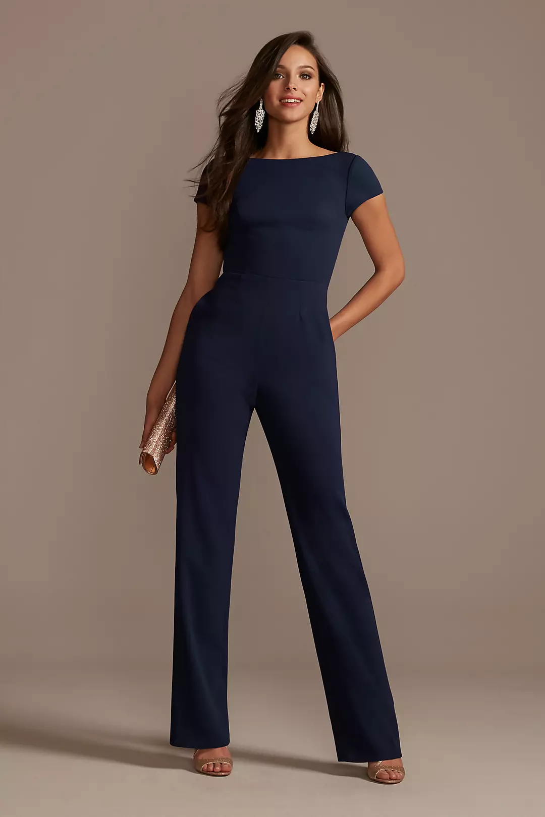 Short Sleeve Stretch Crepe Jumpsuit with Open Back | David's Short Sleeve Stretch Crepe Jumpsuit with Open Back | David's