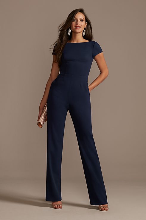 Short Sleeve Stretch Crepe Jumpsuit with Open Back | David's Bridal