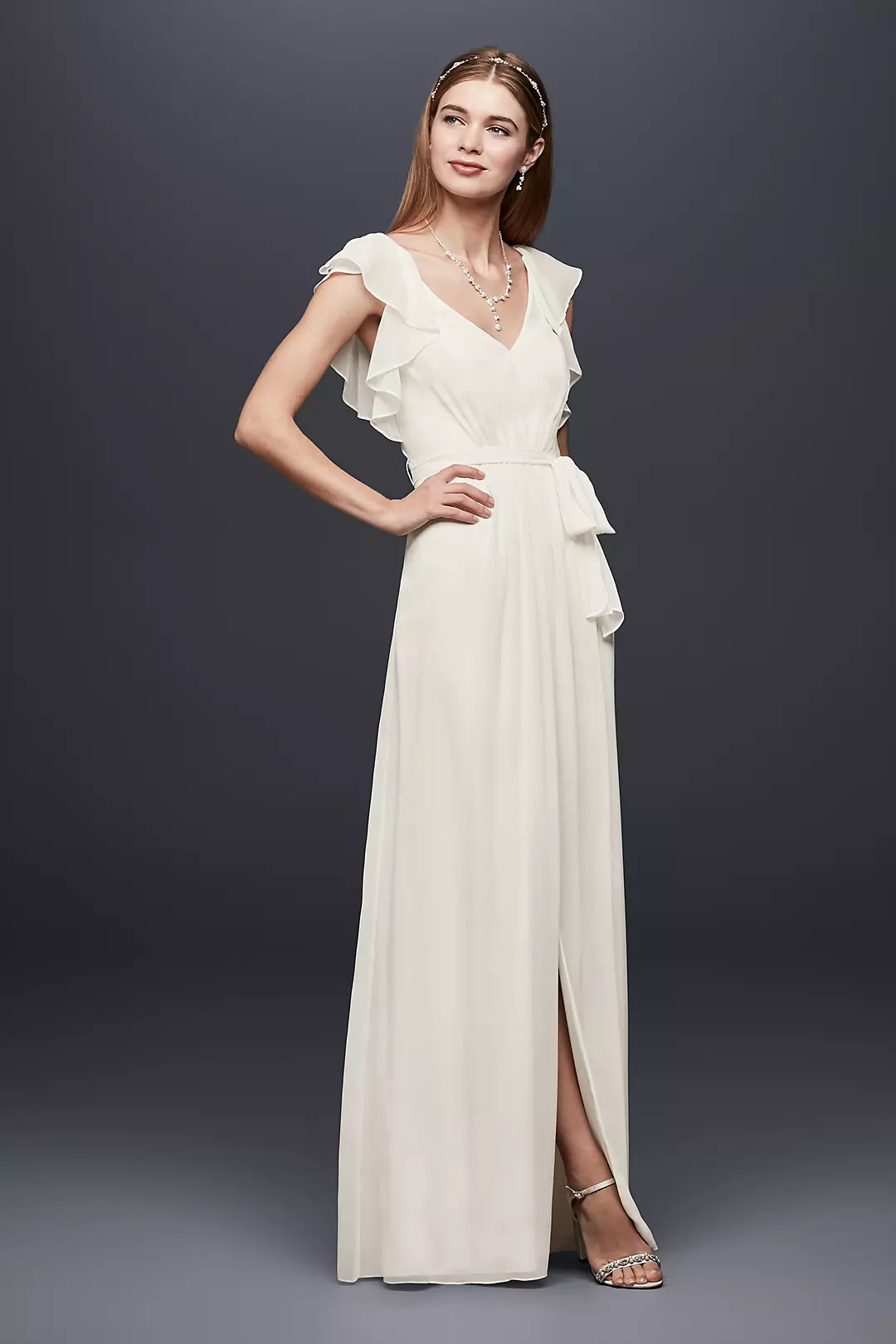 Flutter Sleeve Pleated Chiffon Sheath Gown  Image