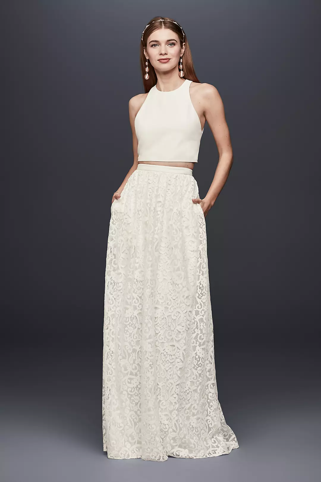 Crepe Crop Top and Lace Maxi Skirt Set Image