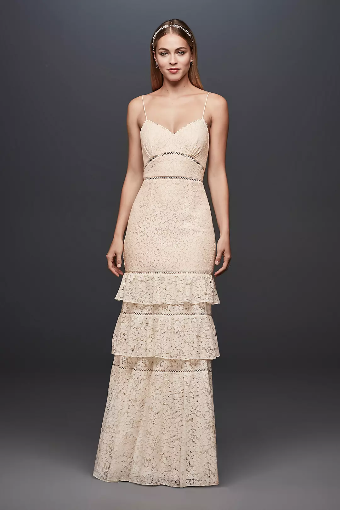 Tiered Lace Sheath Gown with Openwork Insets  Image