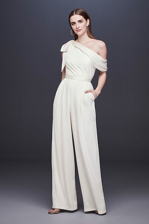 One-Shoulder Crepe Wedding Jumpsuit with Bow Image 1
