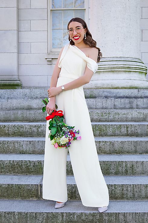 One-Shoulder Crepe Wedding Jumpsuit with Bow Image 4