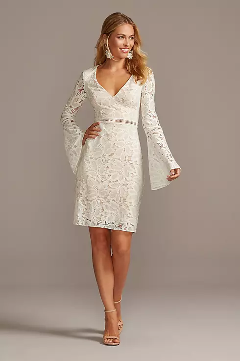 V-Neck Short Lace Dress with Illusion Bell Sleeves Image 1