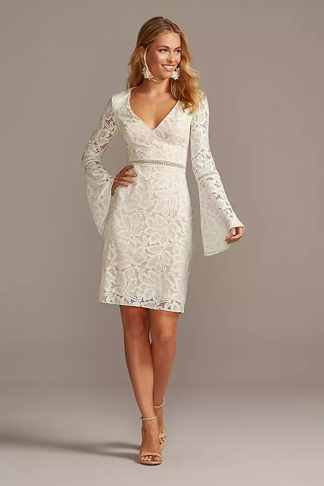 V-Neck Short Lace Dress with Illusion Bell Sleeves Image