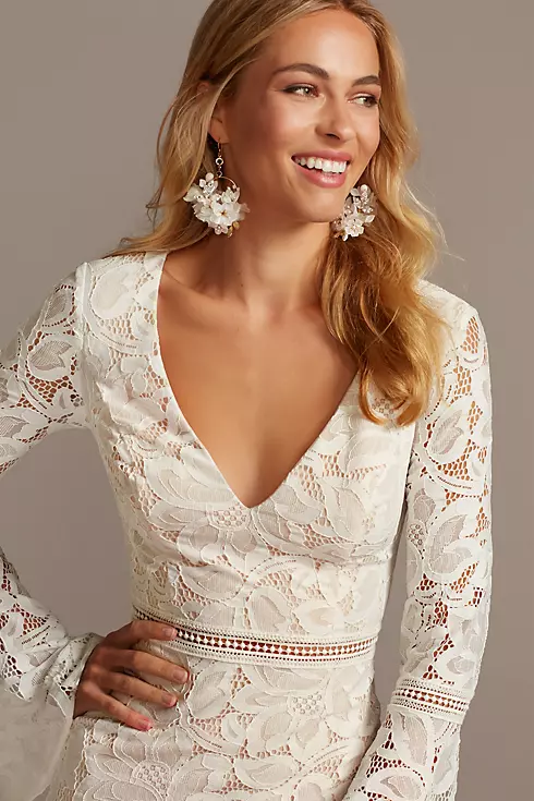 V-Neck Short Lace Dress with Illusion Bell Sleeves Image 3