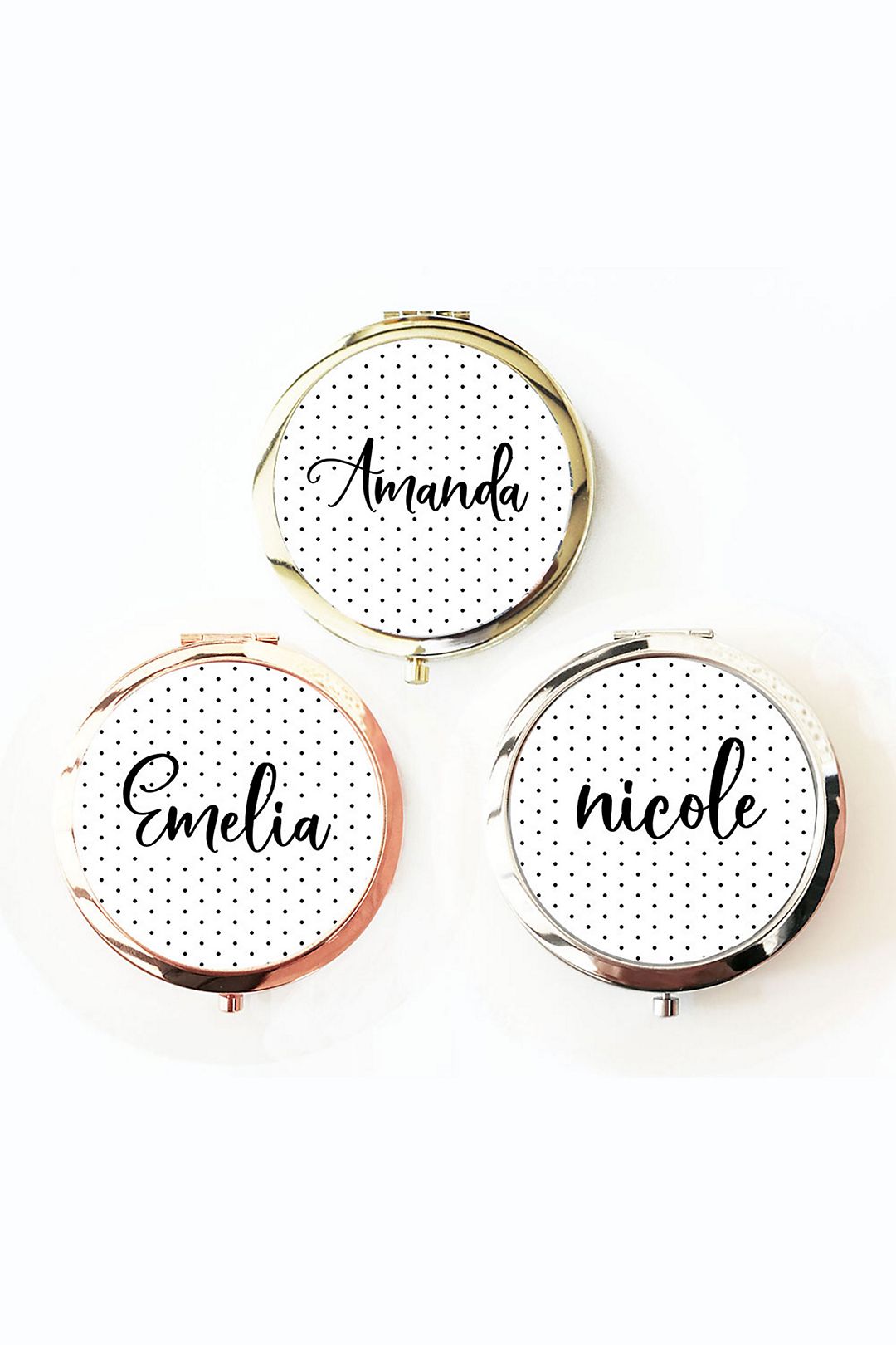 Polka Dot Sky Personalised Rose Gold Round Circle Shape Compact Mirror For Bridesmaid Wedding Favour Any Name & Message Engraved 