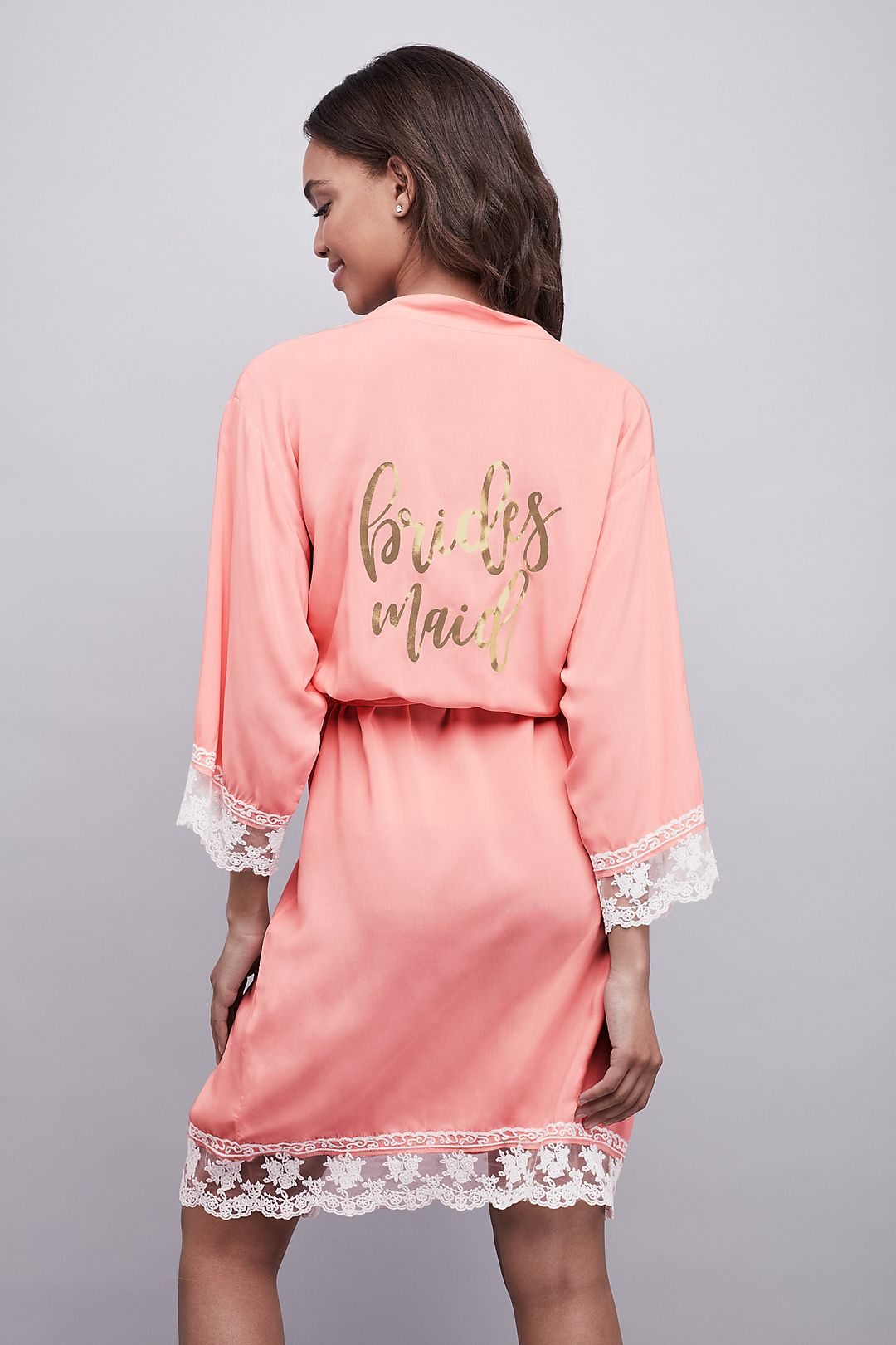 Lace-Trimmed Bridesmaid Robe with Gold Foil Print Image 1
