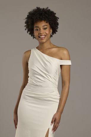 Asymmetrical Off-the-Shoulder Matte Satin Sheath | David's Bridal