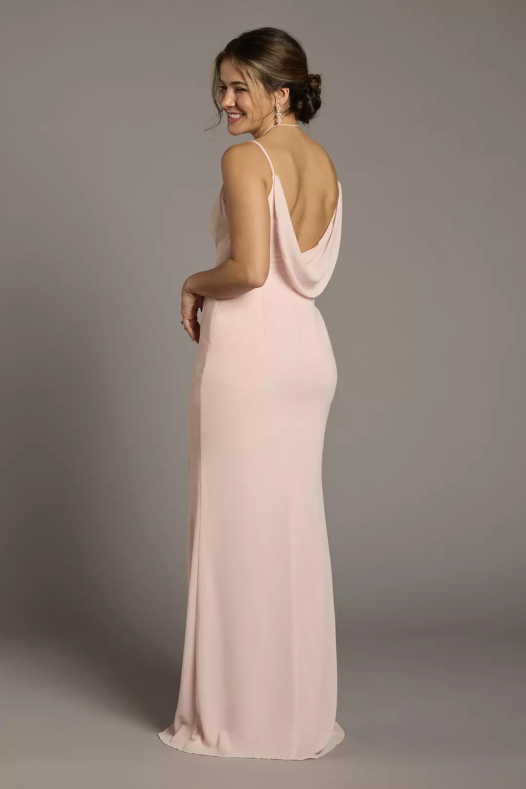 Chiffon Cowl Back V-Neck Sheath Dress | David's Bridal Chiffon Cowl Back V-Neck Sheath Dress | David's Bridal