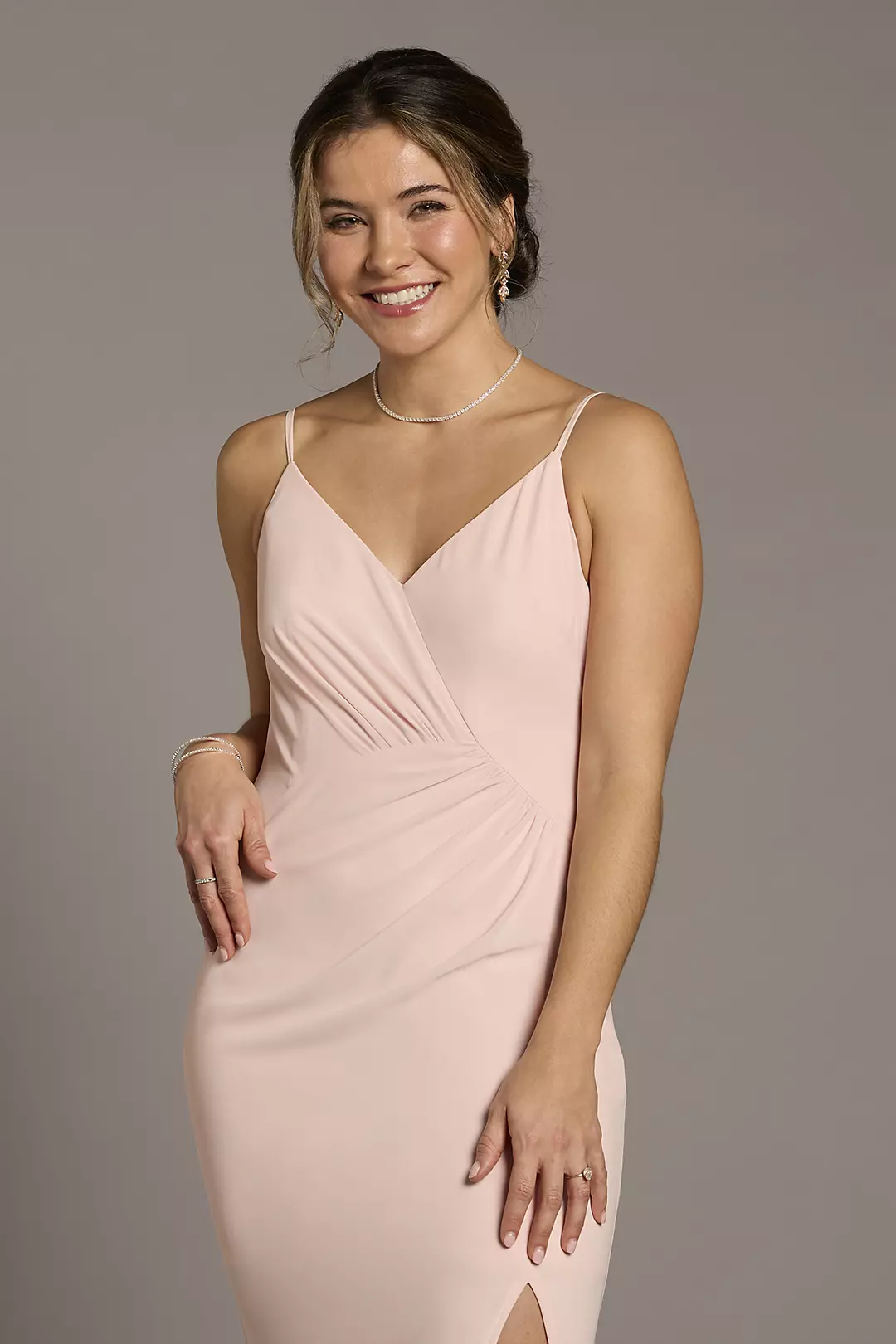 Chiffon Cowl Back V-Neck Sheath Dress | David's Bridal Chiffon Cowl Back V-Neck Sheath Dress | David's Bridal