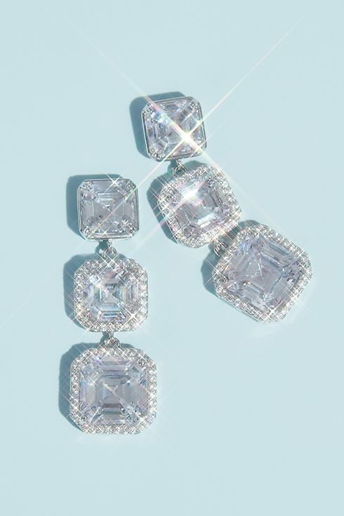 Haloed Asscher-Cut Cubic Zirconia Drop Earrings Image 1