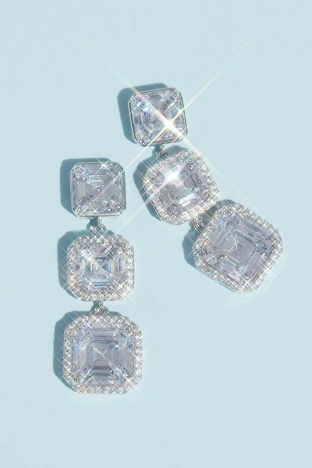 Haloed Asscher-Cut Cubic Zirconia Drop Earrings Image