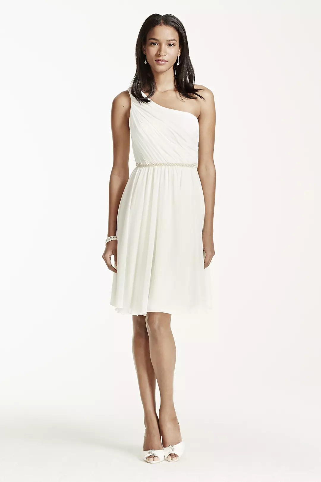 One Shoulder Chiffon Dress with Pearl Detail Image