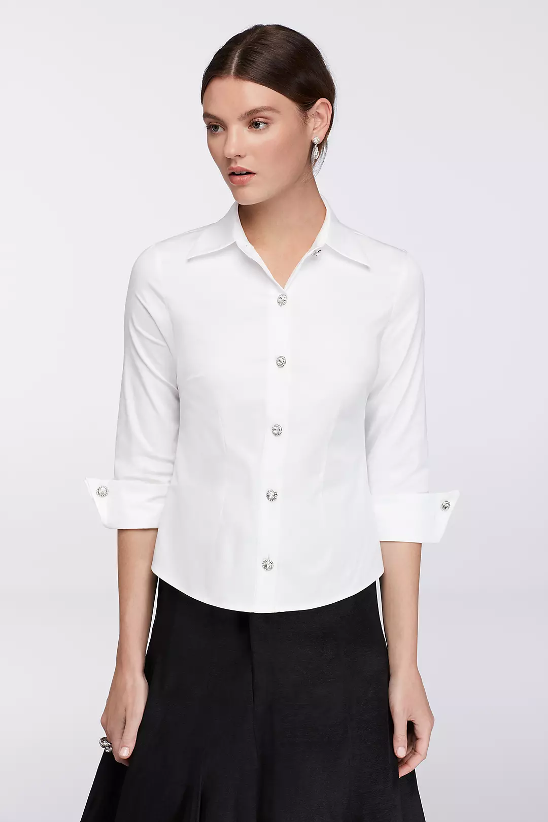 Collared 3/4 Sleeve Blouse with Rhinestone Buttons Image